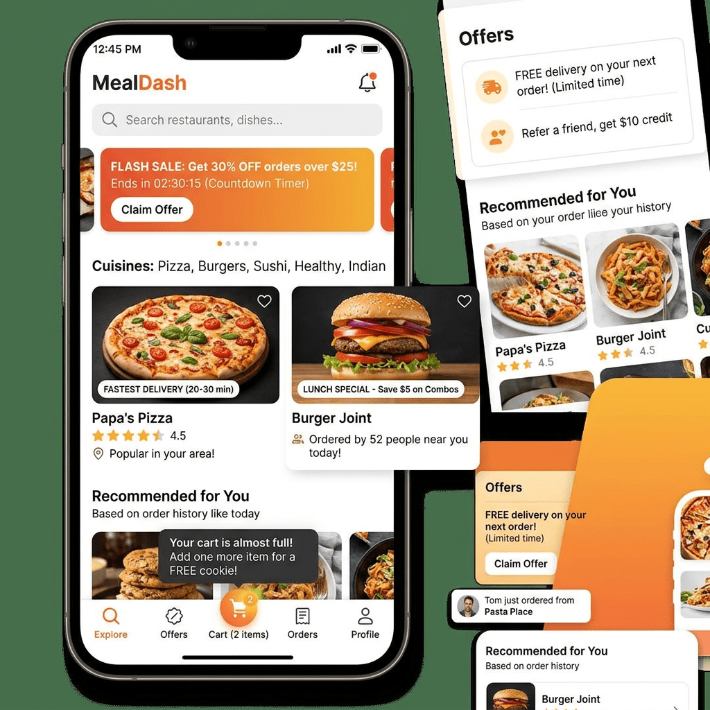Mobile app screen showing MealDash homepage with pizza and burger options, special offers, and recommended restaurants.