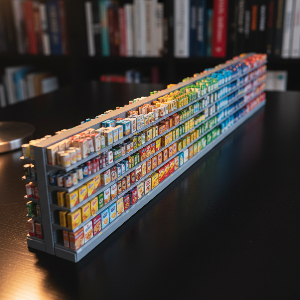 A meticulously arranged supermarket aisle model built in miniature, with tiny, realistic product boxes on shelves gradually shifting in size, color, and label design to represent choice overload and nudging. The model stands on a smooth black tabletop, with a blurred background featuring out-of-focus bookshelves filled with marketing and economics titles. Warm, directional desk-lamp lighting from the left highlights the front row of products and casts soft, elongated shadows behind them. Photographic realism with a clean, modern look, captured from a low, eye-level angle to make the miniature world feel life-sized. The mood is quietly immersive and slightly analytical, emphasizing how subtle visual changes influence consumer decisions.