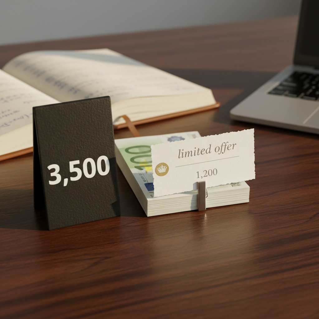 A close-up of a polished wooden desk featuring two elegant, contrasting price tags: one heavy, textured black tag with bold white numbers, and another delicate, off-white tag with soft grey typography and a small gold-foil “limited offer” stamp. Between them lies a neatly arranged stack of crisp banknotes held by a minimalist metal clip. In the background, softly blurred, sits an open notebook with tidy handwritten formulas and a slim laptop. Soft morning light streams in from the right, creating gentle highlights on paper fibers and the metal clip. Photographic realism with a professional, restrained color palette, shot from a slightly elevated angle. The mood is calm and cerebral, illustrating framing effects and how presentation alters perceived value.