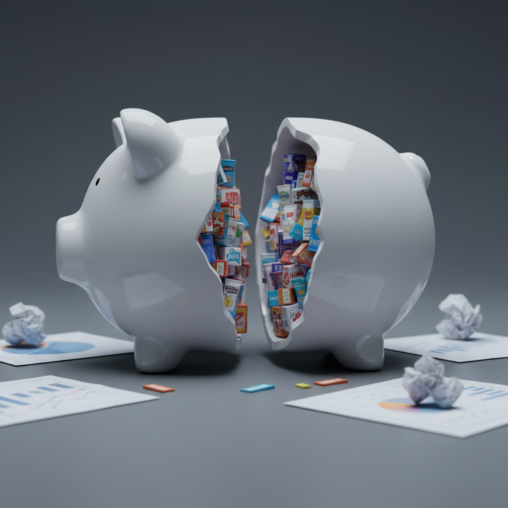 A pristine white ceramic piggy bank split cleanly in half, revealing its interior filled not with coins but with tiny, detailed product packaging, colorful price labels, and miniature discount tags. The piggy bank sits on a matte charcoal surface with a faint reflection, surrounded by scattered paper graphs and charts in soft focus. Cool, diffused studio lighting from above and slightly to the side creates subtle highlights on the ceramic and a smooth gradient of shadows. Photographic realism with a professional, minimalist aesthetic, captured at eye level with a centered composition. The atmosphere is thoughtful and inquisitive, illustrating how hidden consumer biases and pricing strategies shape where money really goes.